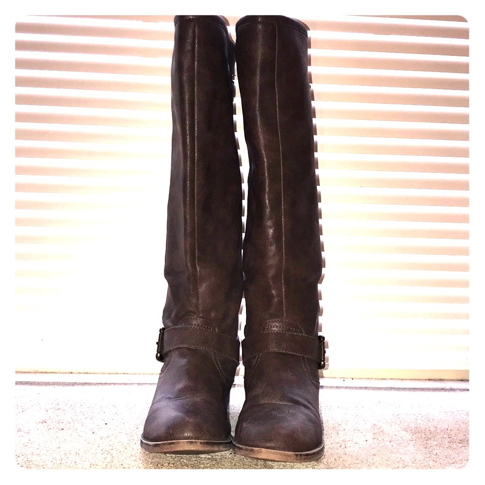 Vegan leather flat brown knee high boots